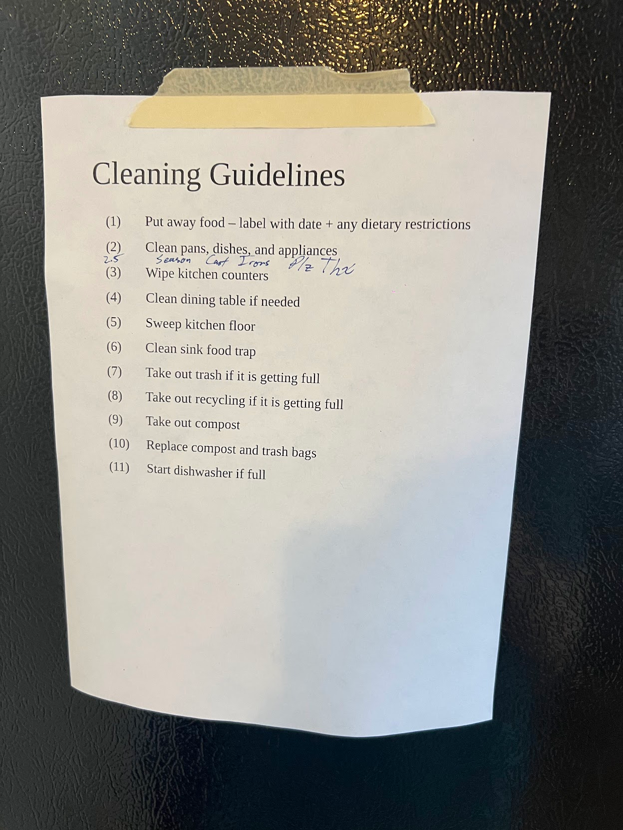cleaning guidelines, posted on the fridge