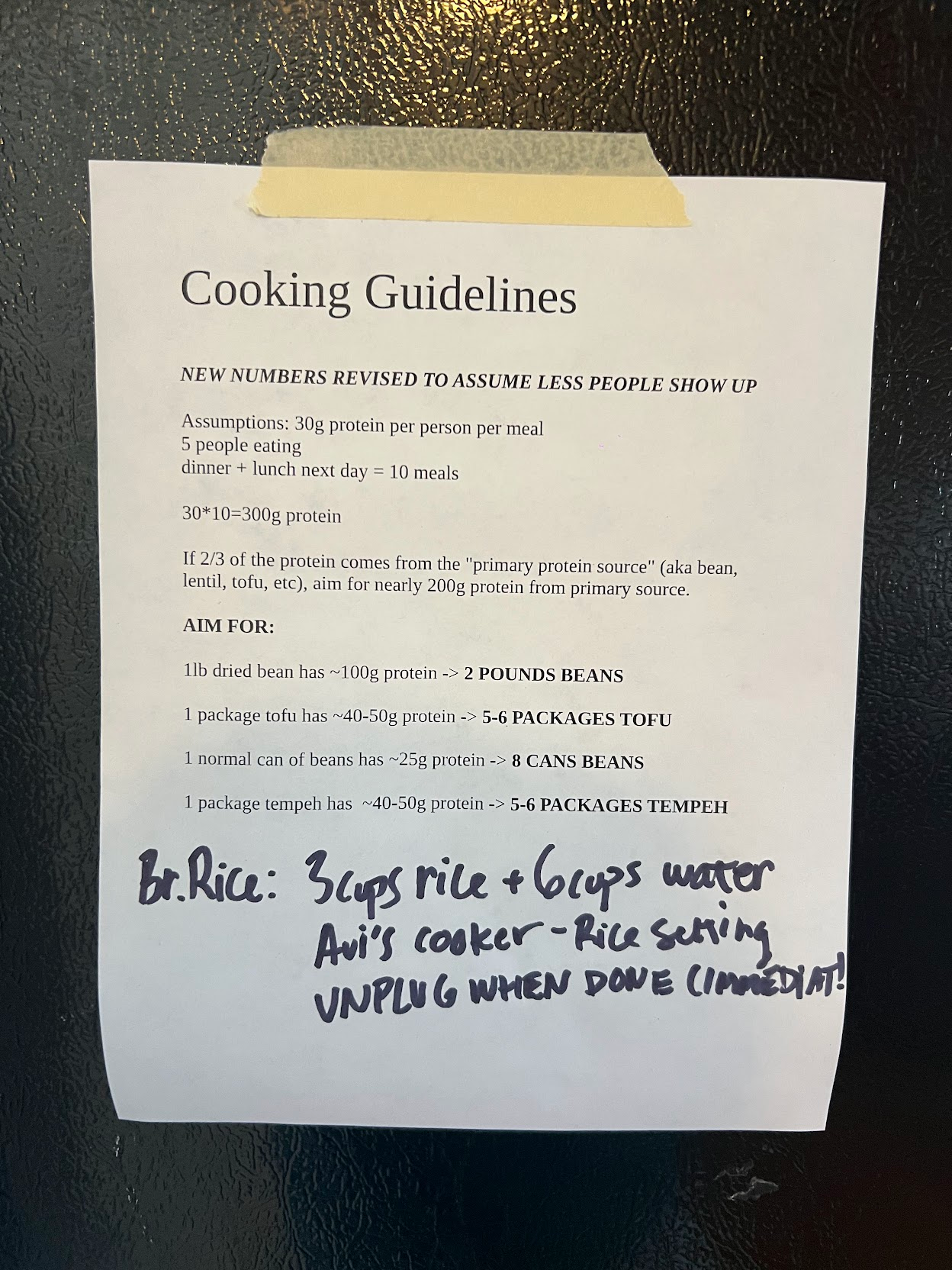 cooking guidelines, posted on the fridge
