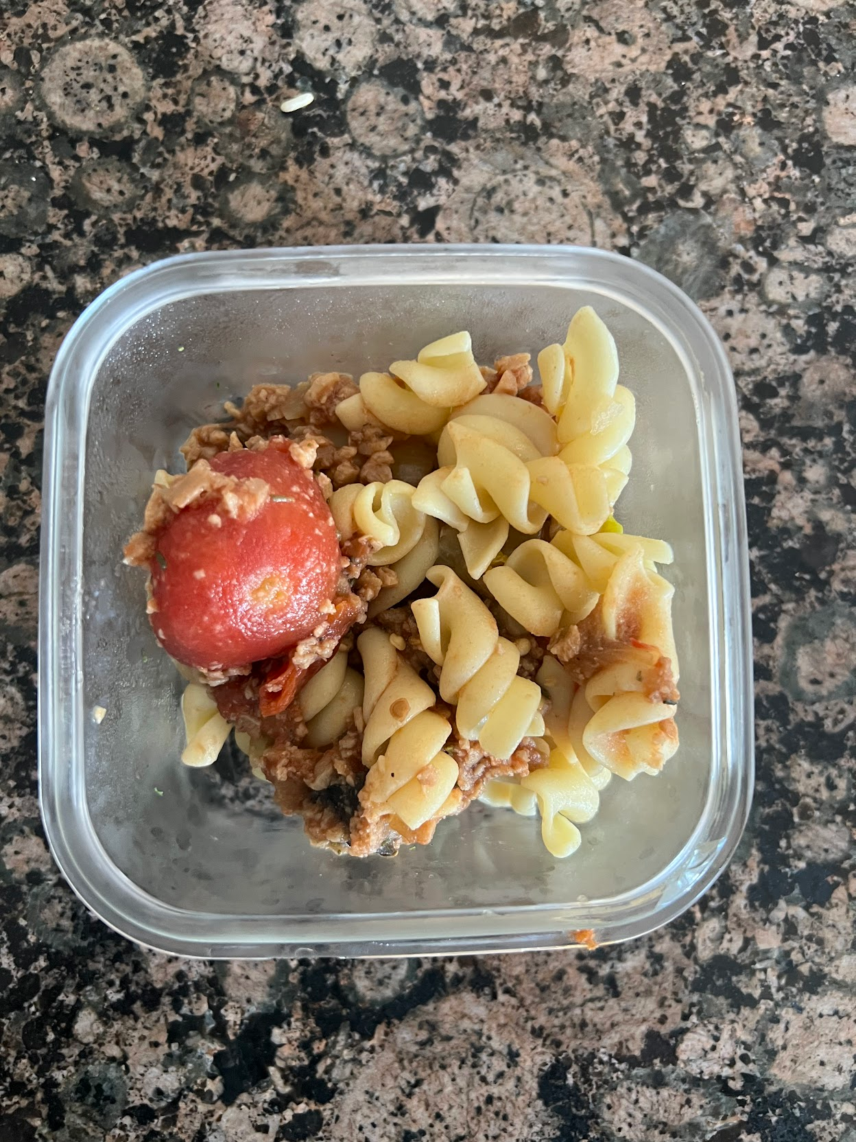 pasta (with gluten free option), textured vegetable protein and tomato sauce